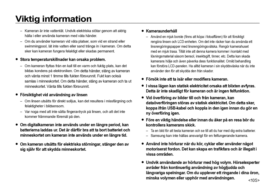 Samsung EC-I85ZZRBA/E2, EC-I85ZZGBA/E2, EC-I85ZZBBA/E3, EC-I85ZZSBA/E2  Stora temperaturskillnader kan orsaka problem, 105 