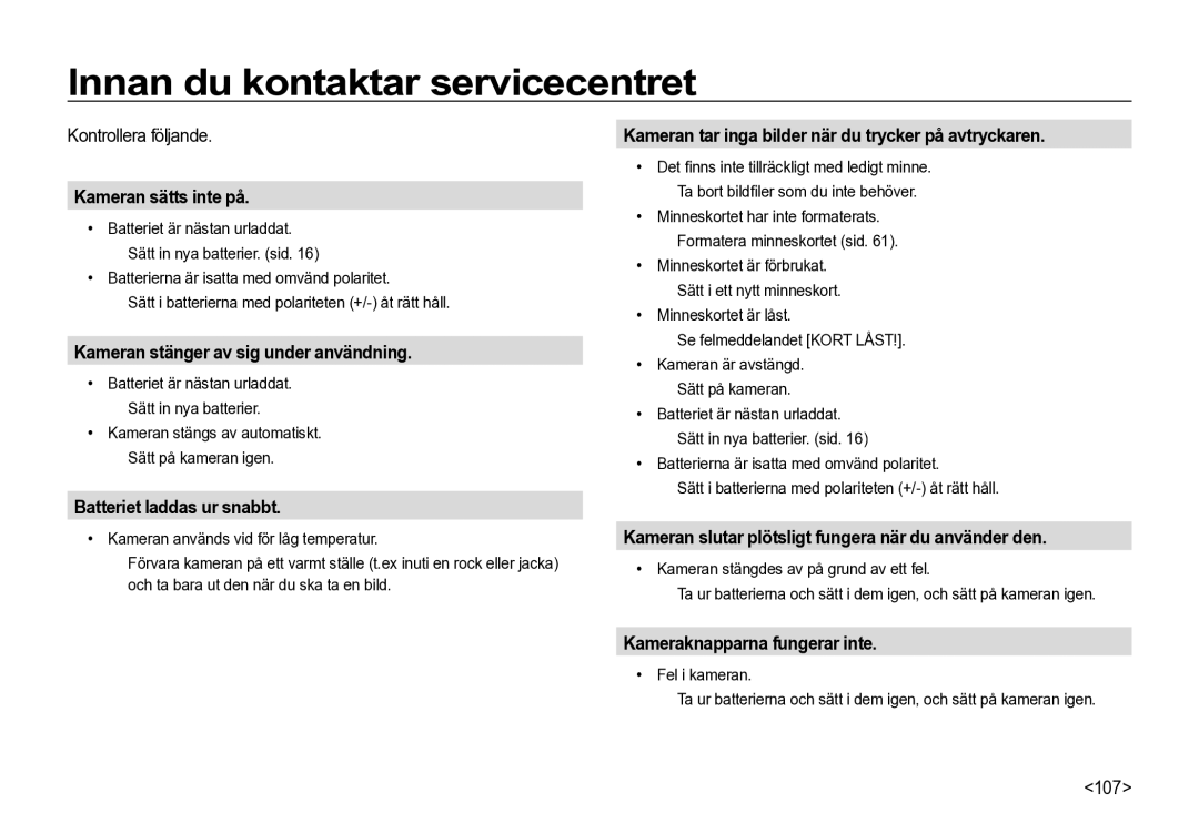 Samsung EC-I85ZZBBA/E3, EC-I85ZZRBA/E2, EC-I85ZZGBA/E2 manual Innan du kontaktar servicecentret, Kontrollera följande, 107 