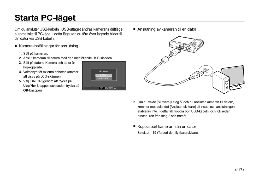 Samsung EC-I85ZZBBA/E3 Starta PC-läget,  Anslutning av kameran till en dator,  Koppla bort kameran från en dator, 117 