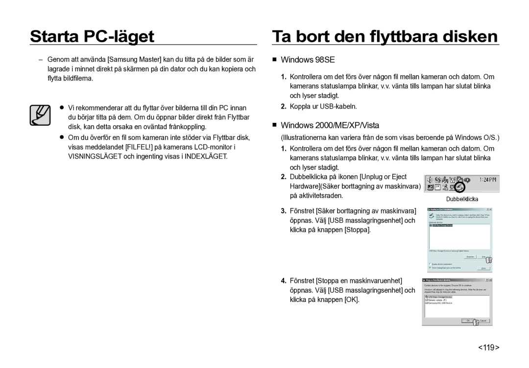 Samsung EC-I85ZZBBA/E2, EC-I85ZZRBA/E2 manual Ta bort den ﬂyttbara disken,  Windows 98SE,  Windows 2000/ME/XP/Vista, 119 