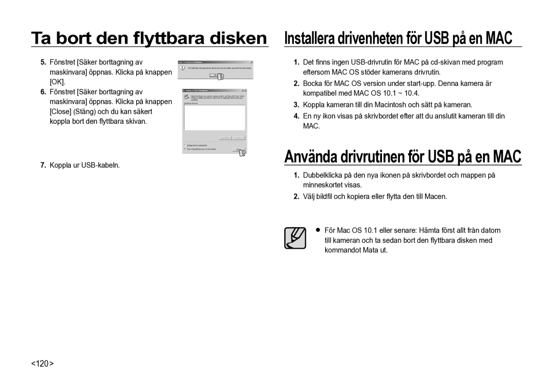 Samsung EC-I85ZZRBA/E2, EC-I85ZZGBA/E2, EC-I85ZZBBA/E3, EC-I85ZZSBA/E2 manual Installera drivenheten för USB på en MAC, 120 