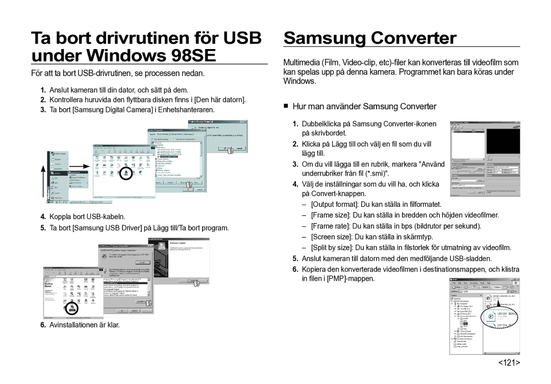 Samsung EC-I85ZZGBA/E2, EC-I85ZZRBA/E2 manual Ta bort drivrutinen för USB under Windows 98SE, Samsung Converter, 121 