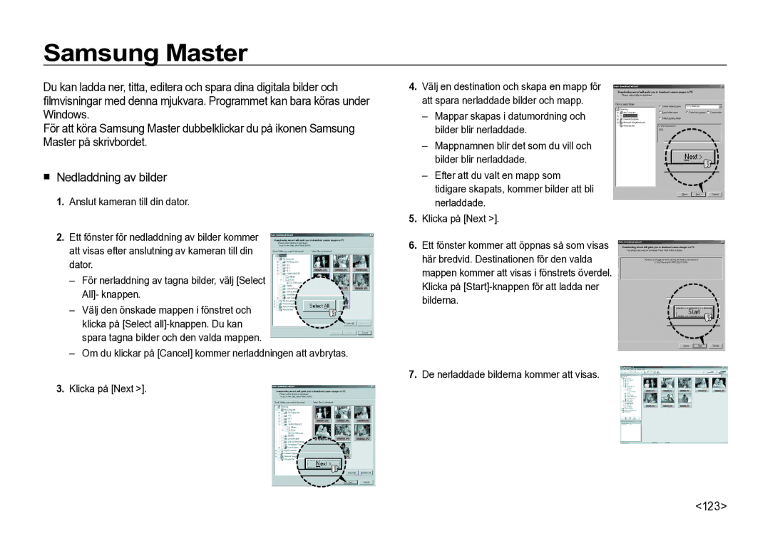 Samsung EC-I85ZZSBA/E2, EC-I85ZZRBA/E2, EC-I85ZZGBA/E2 manual Samsung Master, 123, De nerladdade bilderna kommer att visas 