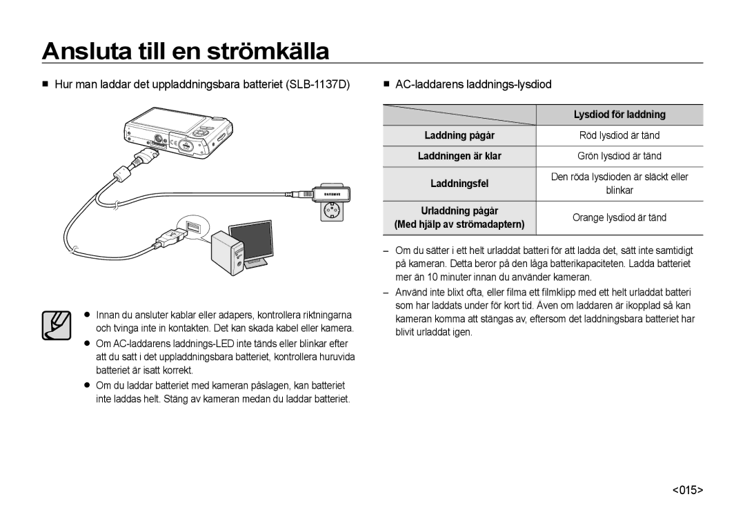 Samsung EC-I85ZZRBA/E2  Hur man laddar det uppladdningsbara batteriet SLB-1137D,  AC-laddarens laddnings-lysdiod, 015 