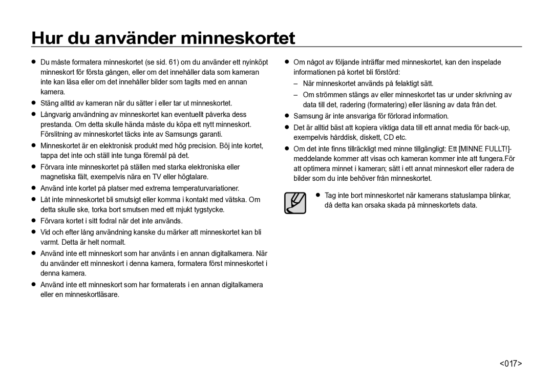 Samsung EC-I85ZZBBA/E3, EC-I85ZZRBA/E2, EC-I85ZZGBA/E2, EC-I85ZZSBA/E2, EC-I85ZZBBA/E2 manual Hur du använder minneskortet, 017 