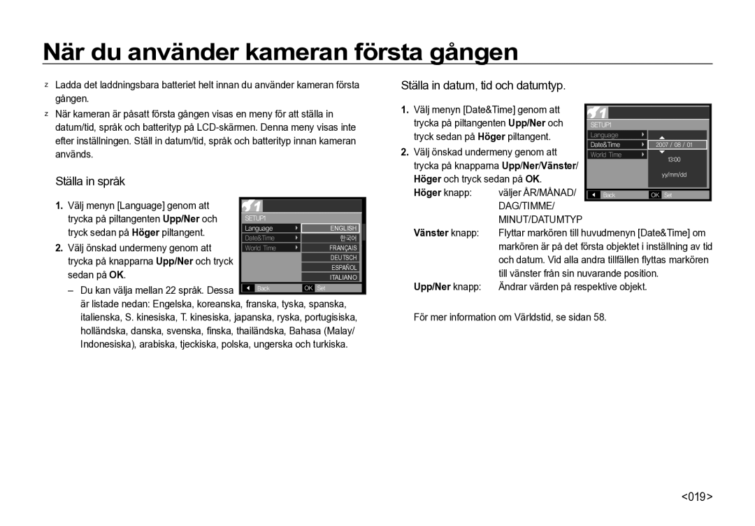 Samsung EC-I85ZZBBA/E2 När du använder kameran första gången,  Ställa in språk,  Ställa in datum, tid och datumtyp, 019 