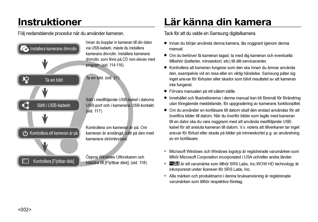 Samsung EC-I85ZZBBA/E3 manual Instruktioner, Lär känna din kamera, Följ nedanstående procedur när du använder kameran, 002 