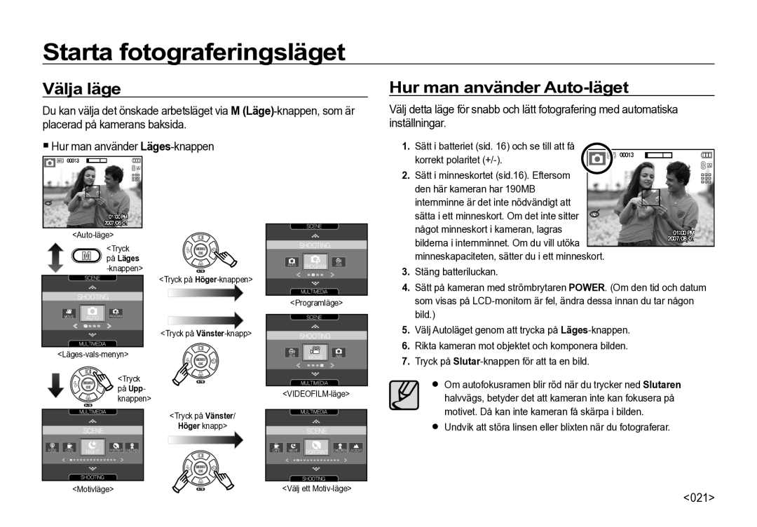 Samsung EC-I85ZZGBA/E2, EC-I85ZZRBA/E2 manual Starta fotograferingsläget, Välja läge, Hur man använder Auto-läget, 021 