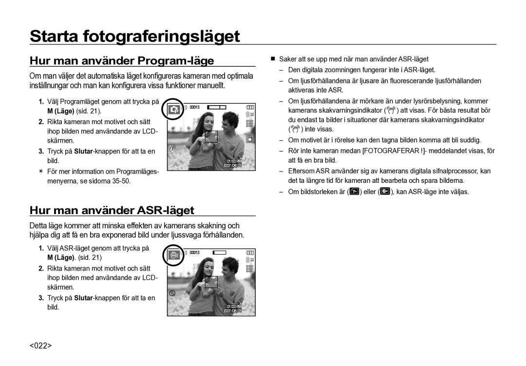 Samsung EC-I85ZZBBA/E3, EC-I85ZZRBA/E2, EC-I85ZZGBA/E2 manual Hur man använder Program-läge, Hur man använder ASR-läget, 022 