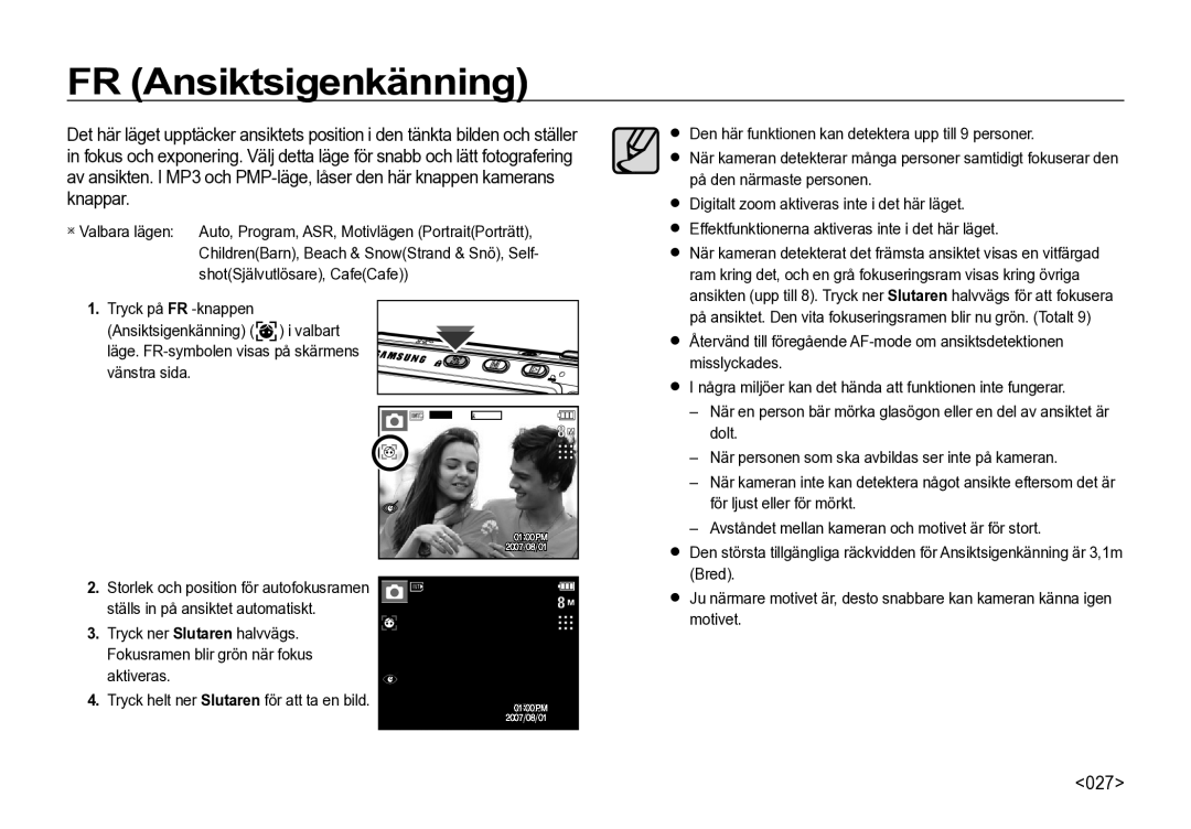 Samsung EC-I85ZZBBA/E3, EC-I85ZZRBA/E2 manual FR Ansiktsigenkänning, 027,  Valbara lägen, ShotSjälvutlösare, CafeCafe 