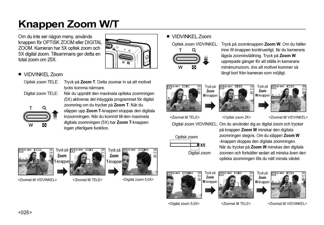 Samsung EC-I85ZZSBA/E2, EC-I85ZZRBA/E2, EC-I85ZZGBA/E2, EC-I85ZZBBA/E3 manual Knappen Zoom W/T,  Vidvinkel Zoom, 028 