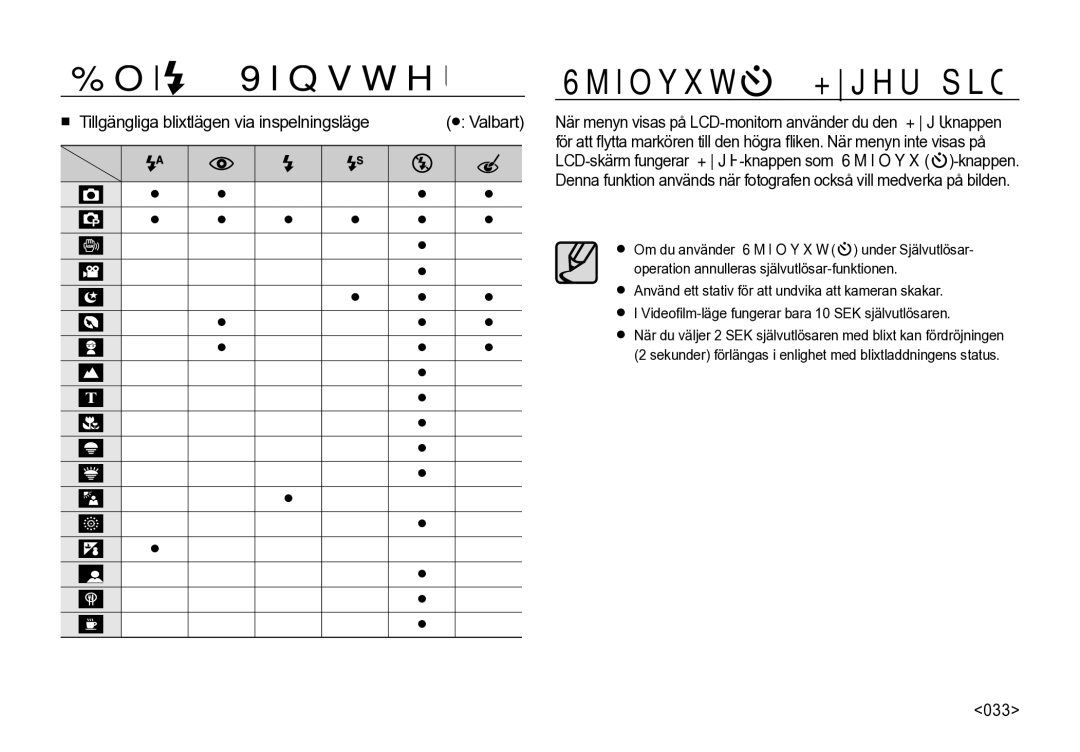 Samsung EC-I85ZZSBA/E2, EC-I85ZZRBA/E2, EC-I85ZZGBA/E2, EC-I85ZZBBA/E3  Tillgängliga blixtlägen via inspelningsläge, 033 