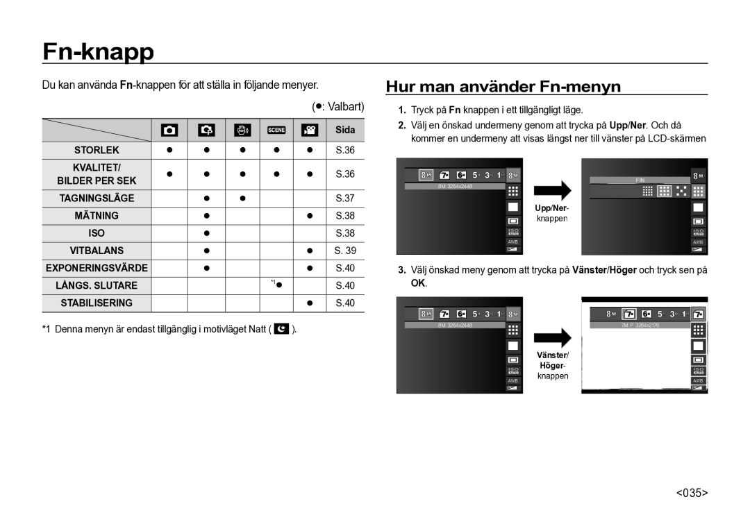 Samsung EC-I85ZZRBA/E2 manual Fn-knapp, Hur man använder Fn-menyn, 035, Denna menyn är endast tillgänglig i motivläget Natt 