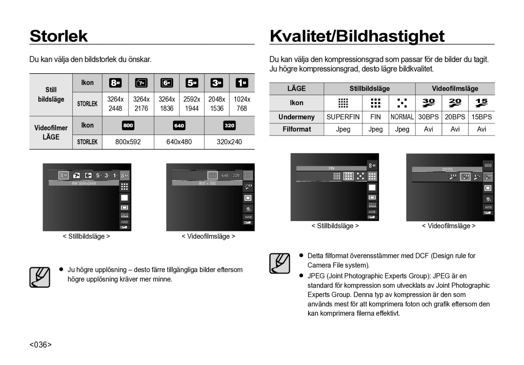 Samsung EC-I85ZZGBA/E2, EC-I85ZZRBA/E2 manual Storlek, Kvalitet/Bildhastighet, Du kan välja den bildstorlek du önskar, 036 