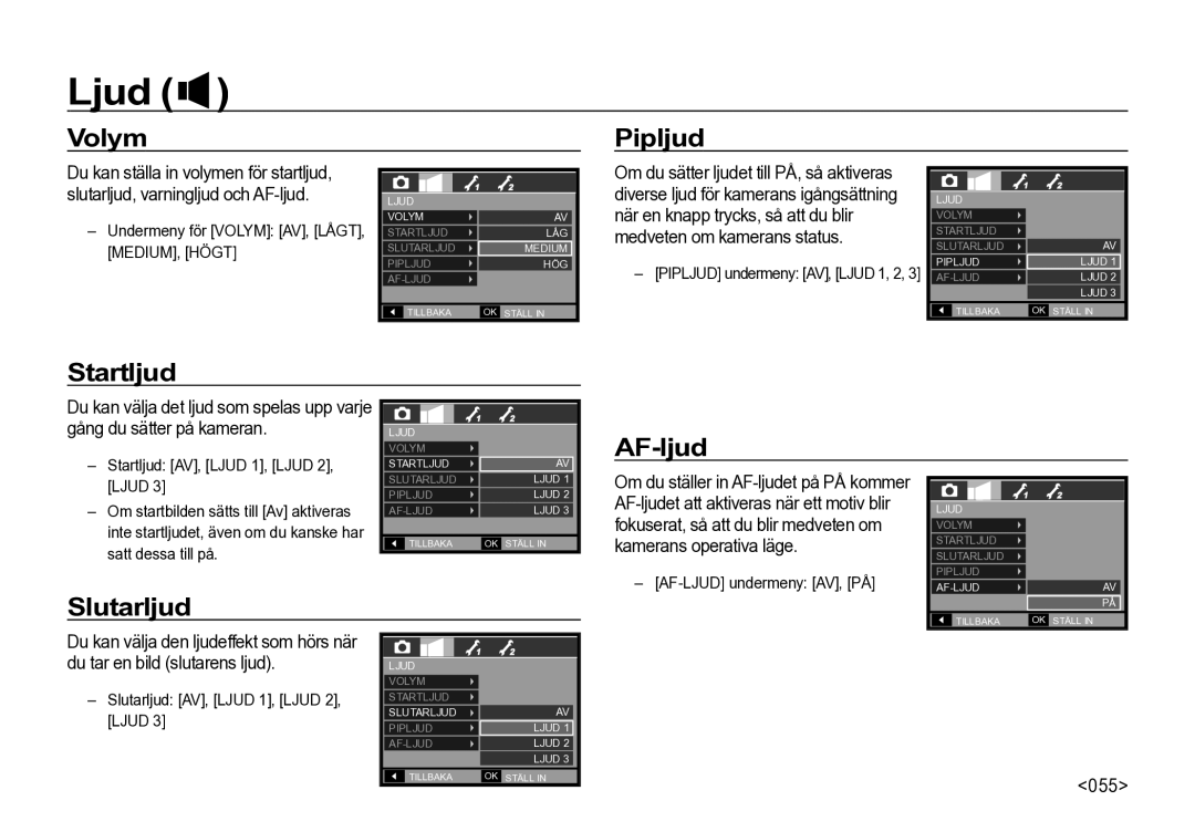 Samsung EC-I85ZZRBA/E2, EC-I85ZZGBA/E2, EC-I85ZZBBA/E3, EC-I85ZZSBA/E2, EC-I85ZZBBA/E2 manual Ljud 