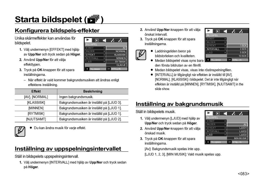 Samsung EC-I85ZZSBA/E2, EC-I85ZZRBA/E2 manual Konﬁgurera bildspels-effekter, Inställning av uppspelningsintervallet 