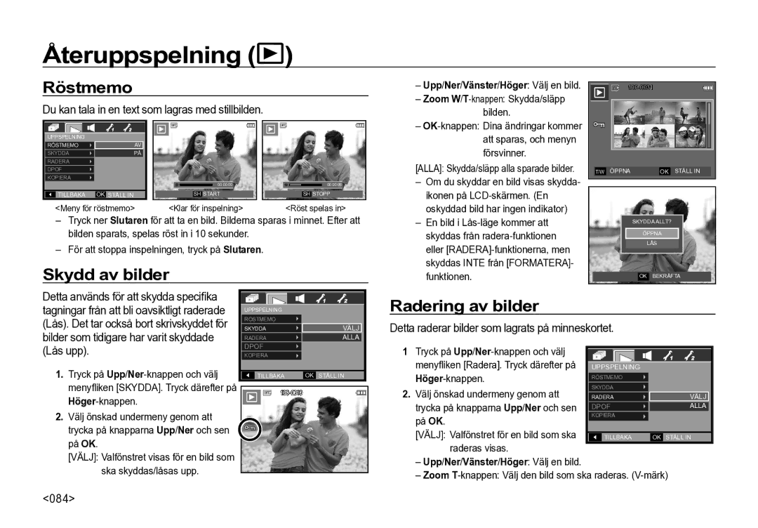 Samsung EC-I85ZZBBA/E2, EC-I85ZZRBA/E2, EC-I85ZZGBA/E2 manual Återuppspelning, Röstmemo, Skydd av bilder, Radering av bilder 