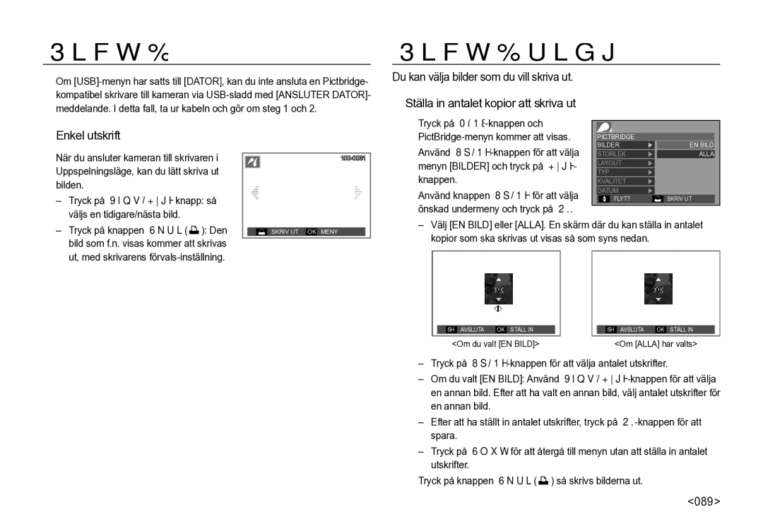 Samsung EC-I85ZZBBA/E2 manual PictBridge Bildval, 089, Tryck på MENU-knappen och PictBridge-menyn kommer att visas, Knappen 