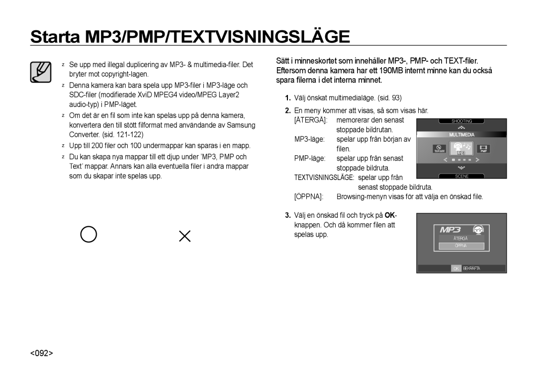 Samsung EC-I85ZZBBA/E3, EC-I85ZZRBA/E2, EC-I85ZZGBA/E2, EC-I85ZZSBA/E2 Starta MP3/PMP/TEXTVISNINGSLÄGE, 092, Återgå, Öppna 