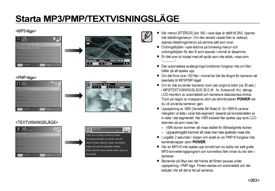 Samsung EC-I85ZZSBA/E2, EC-I85ZZRBA/E2, EC-I85ZZGBA/E2, EC-I85ZZBBA/E3, EC-I85ZZBBA/E2 manual MP3-läge, PMP-läge, 093 