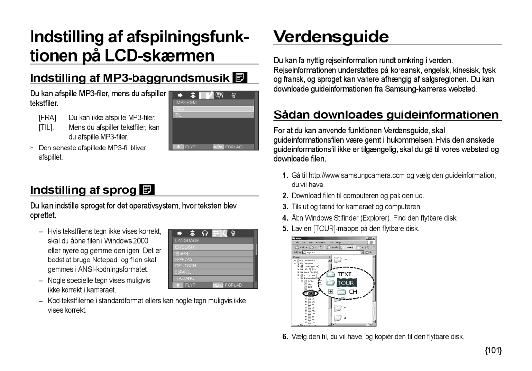 Samsung EC-I85ZZGBA/E2 manual Verdensguide, Indstilling af MP3-baggrundsmusik, Sådan downloades guideinformationen 