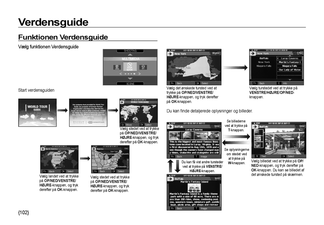 Samsung EC-I85ZZBBA/E3, EC-I85ZZRBA/E2 Funktionen Verdensguide, Vælg funktionen Verdensguide, 102, Start verdensguiden 