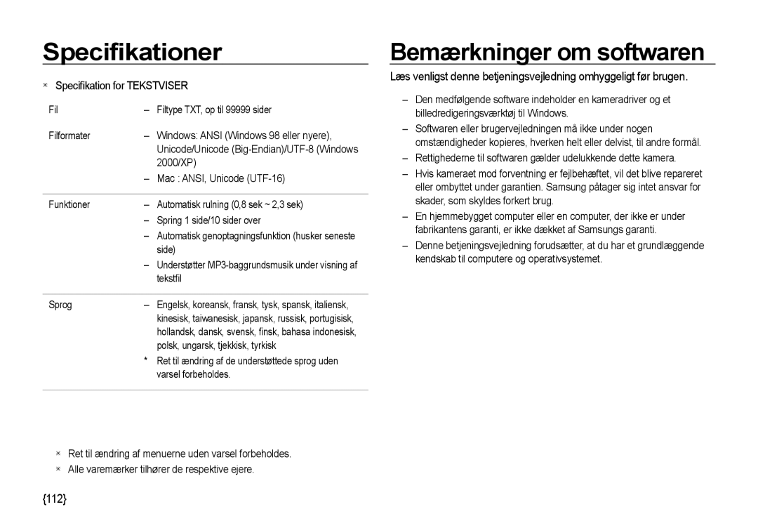 Samsung EC-I85ZZBBA/E3, EC-I85ZZRBA/E2, EC-I85ZZGBA/E2, EC-I85ZZSBA/E2, EC-I85ZZBBA/E2 manual Bemærkninger om softwaren, 112 