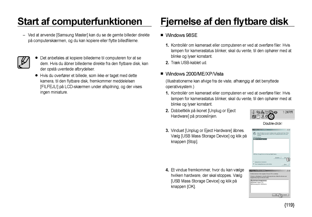 Samsung EC-I85ZZBBA/E2, EC-I85ZZRBA/E2 manual Fjernelse af den ﬂytbare disk,  Windows 98SE,  Windows 2000/ME/XP/Vista, 119 