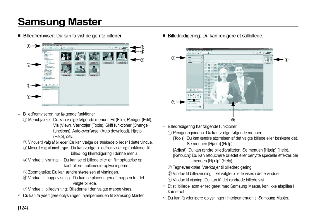 Samsung EC-I85ZZBBA/E2  Billedfremviser Du kan få vist de gemte billeder, 124, Billed- og ﬁ lmredigering i denne menu 