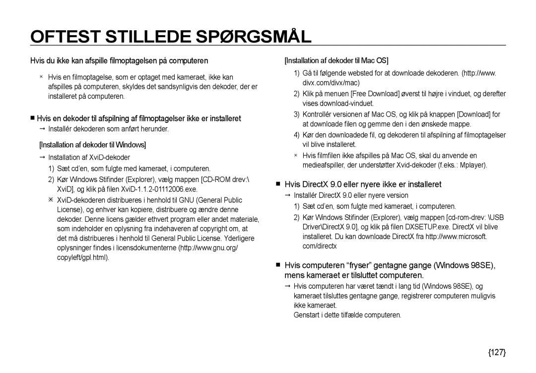 Samsung EC-I85ZZBBA/E3, EC-I85ZZRBA/E2, EC-I85ZZGBA/E2 manual Hvis du ikke kan afspille ﬁ lmoptagelsen på computeren, 127 