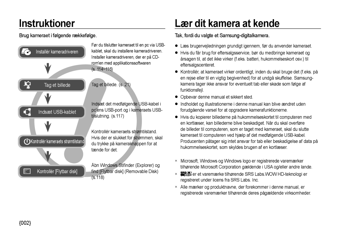 Samsung EC-I85ZZBBA/E3, EC-I85ZZRBA/E2 Instruktioner, Lær dit kamera at kende, Brug kameraet i følgende rækkefølge, 002 