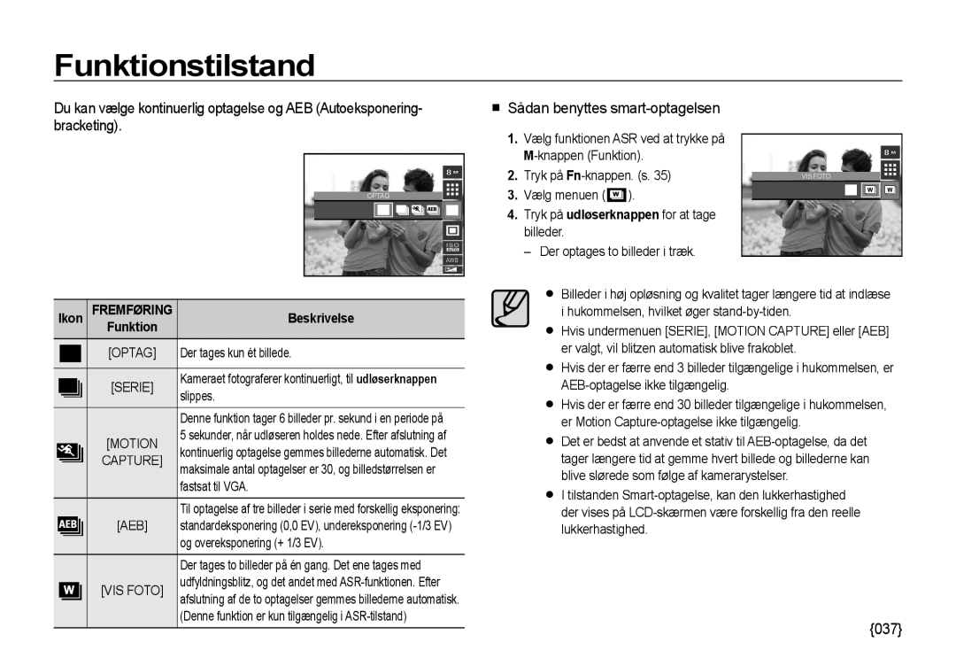 Samsung EC-I85ZZBBA/E3, EC-I85ZZRBA/E2, EC-I85ZZGBA/E2 manual Funktionstilstand,  Sådan benyttes smart-optagelsen, 037, Ikon 