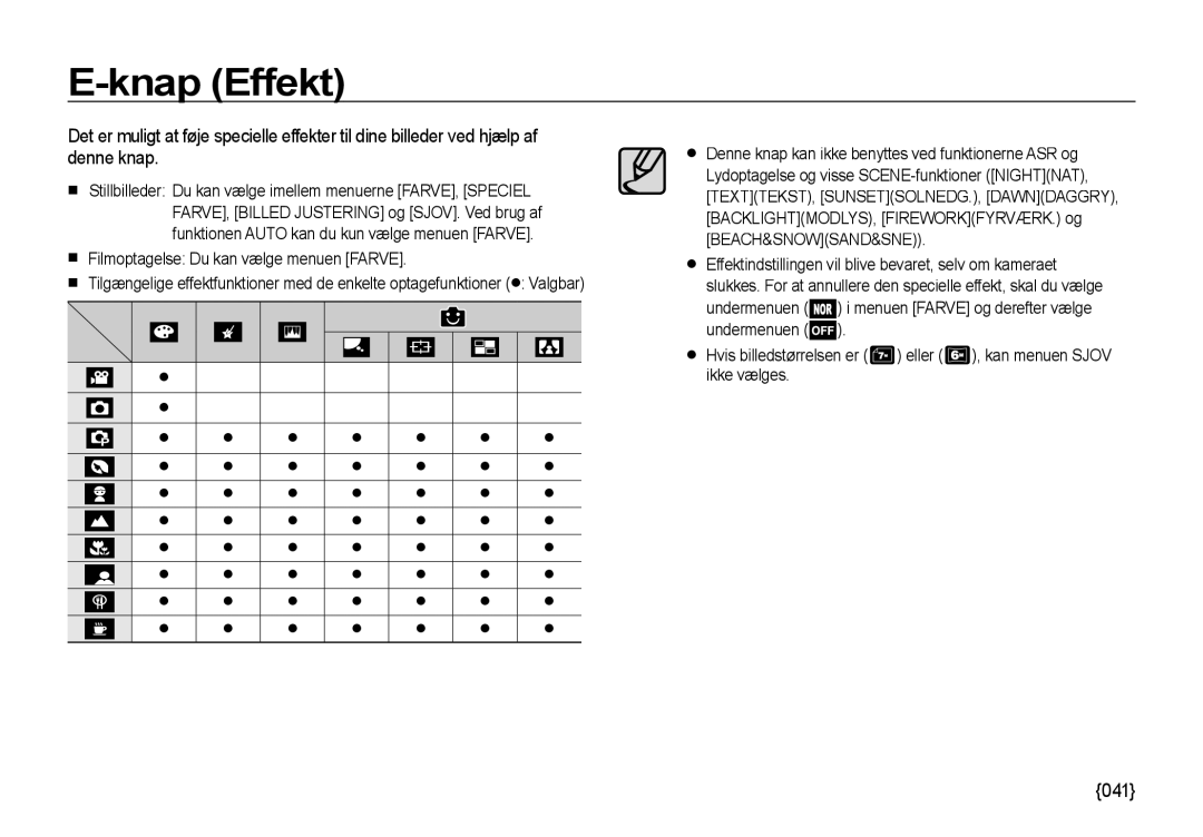 Samsung EC-I85ZZGBA/E2, EC-I85ZZRBA/E2, EC-I85ZZBBA/E3, EC-I85ZZSBA/E2, EC-I85ZZBBA/E2 manual Knap Effekt, 041 