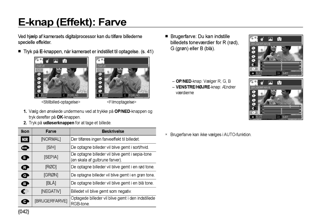 Samsung EC-I85ZZBBA/E3, EC-I85ZZRBA/E2, EC-I85ZZGBA/E2 manual Knap Effekt Farve, 042, VENSTRE/HØJRE-knap Ændrer værdierne 