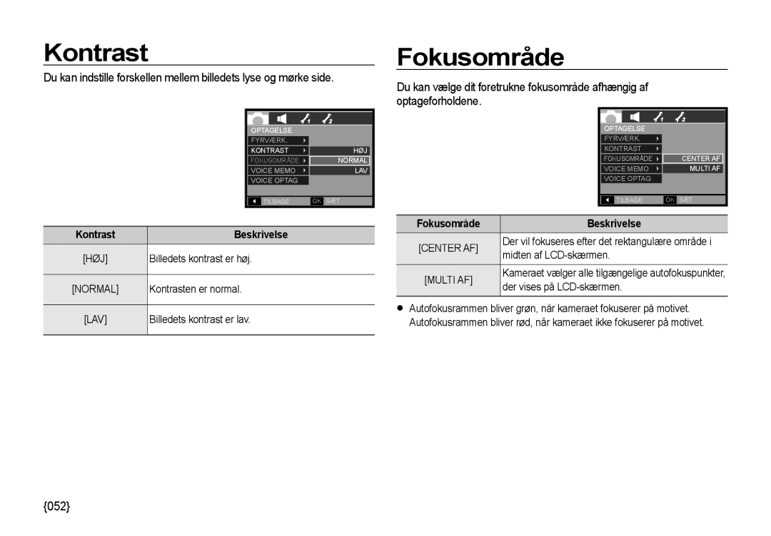 Samsung EC-I85ZZBBA/E3, EC-I85ZZRBA/E2, EC-I85ZZGBA/E2, EC-I85ZZSBA/E2 manual Fokusområde, 052, KontrastBeskrivelse 