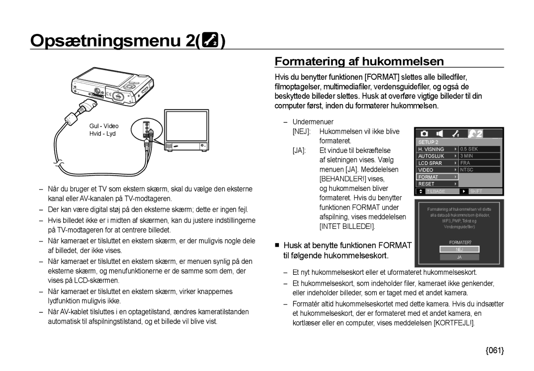 Samsung EC-I85ZZGBA/E2 manual Formatering af hukommelsen, Hvis du benytter funktionen Format slettes alle billedﬁ ler, 061 