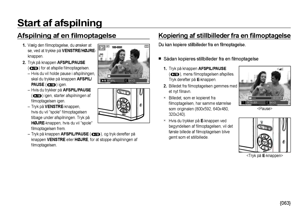 Samsung EC-I85ZZSBA/E2, EC-I85ZZRBA/E2 Afspilning af en ﬁlmoptagelse, Kopiering af stillbilleder fra en ﬁlmoptagelse, 063 