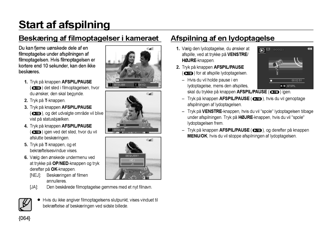 Samsung EC-I85ZZBBA/E2, EC-I85ZZRBA/E2 manual Beskæring af ﬁlmoptagelser i kameraet, Afspilning af en lydoptagelse, 064 