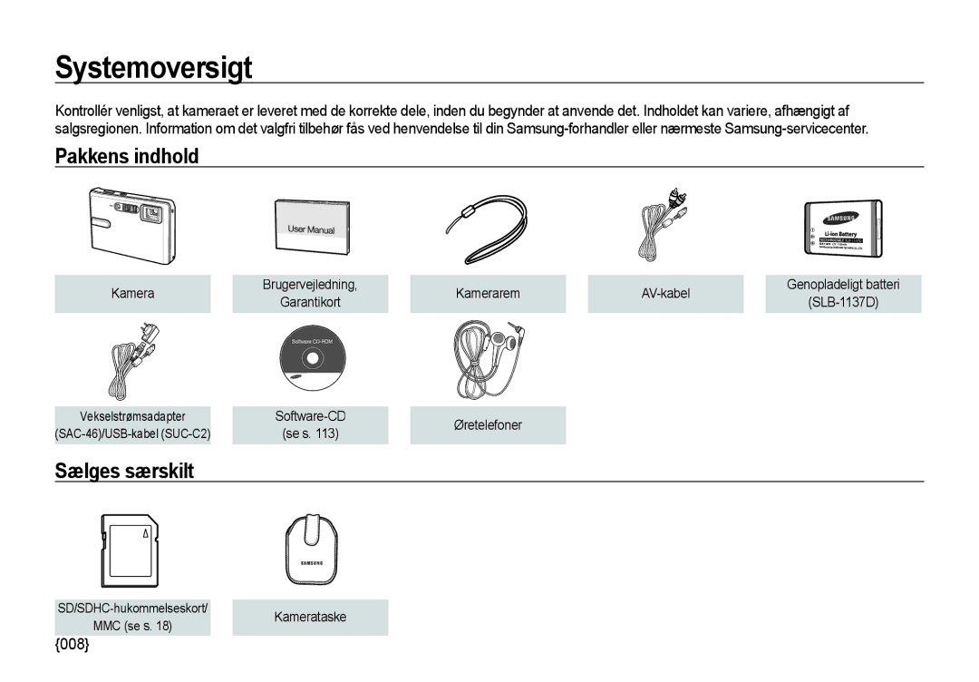 Samsung EC-I85ZZSBA/E2, EC-I85ZZRBA/E2, EC-I85ZZGBA/E2, EC-I85ZZBBA/E3 Systemoversigt, Pakkens indhold, Sælges særskilt, 008 