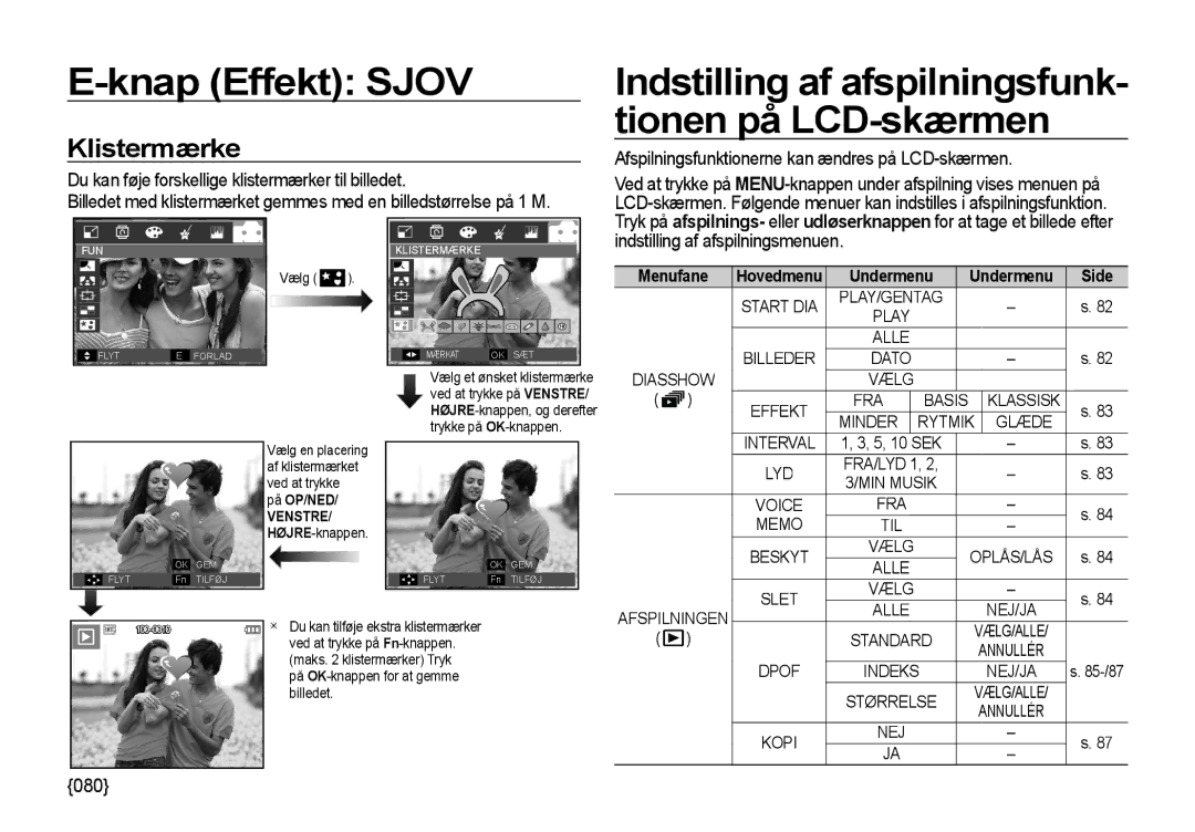 Samsung EC-I85ZZRBA/E2, EC-I85ZZGBA/E2 manual Indstilling af afspilningsfunk- tionen på LCD-skærmen, Klistermærke, 080 