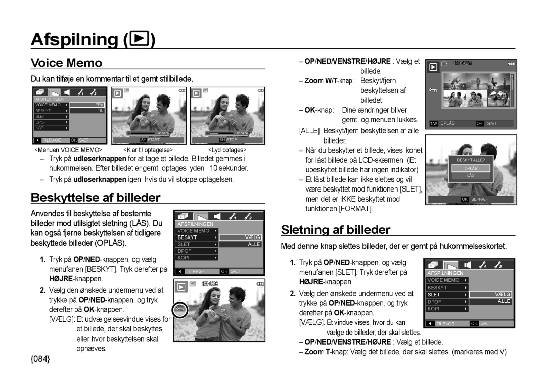 Samsung EC-I85ZZBBA/E2, EC-I85ZZRBA/E2 manual Afspilning, Voice Memo, Beskyttelse af billeder, Sletning af billeder 