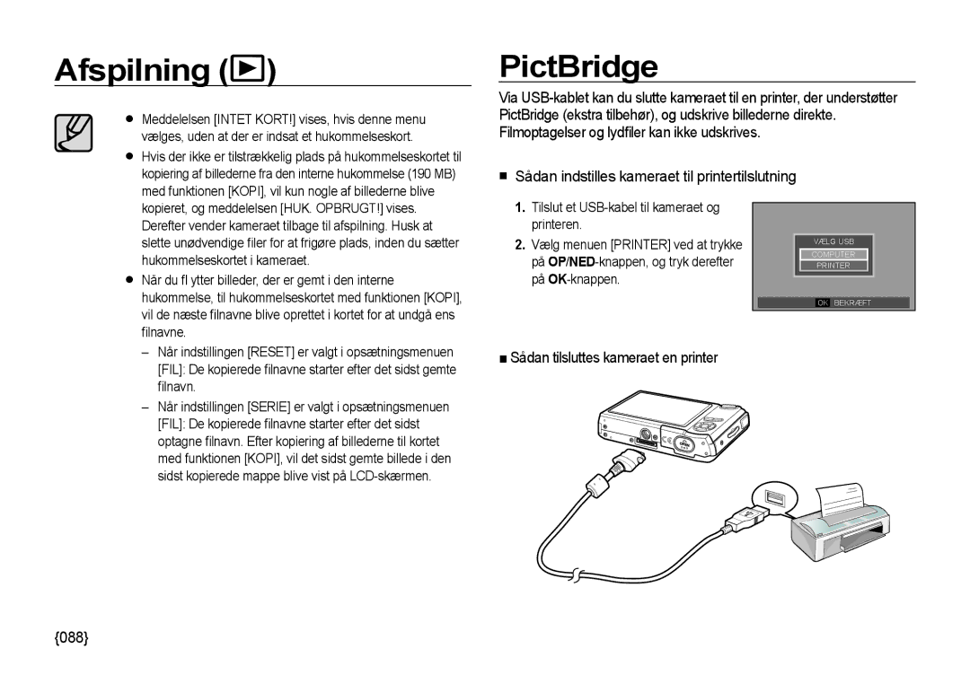 Samsung EC-I85ZZSBA/E2, EC-I85ZZRBA/E2, EC-I85ZZGBA/E2 manual PictBridge,  Sådan indstilles kameraet til printertilslutning 