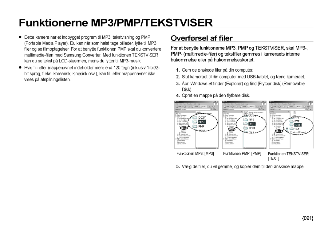 Samsung EC-I85ZZGBA/E2, EC-I85ZZRBA/E2, EC-I85ZZBBA/E3 manual Funktionerne MP3/PMP/TEKSTVISER, Overførsel af ﬁler, 091 