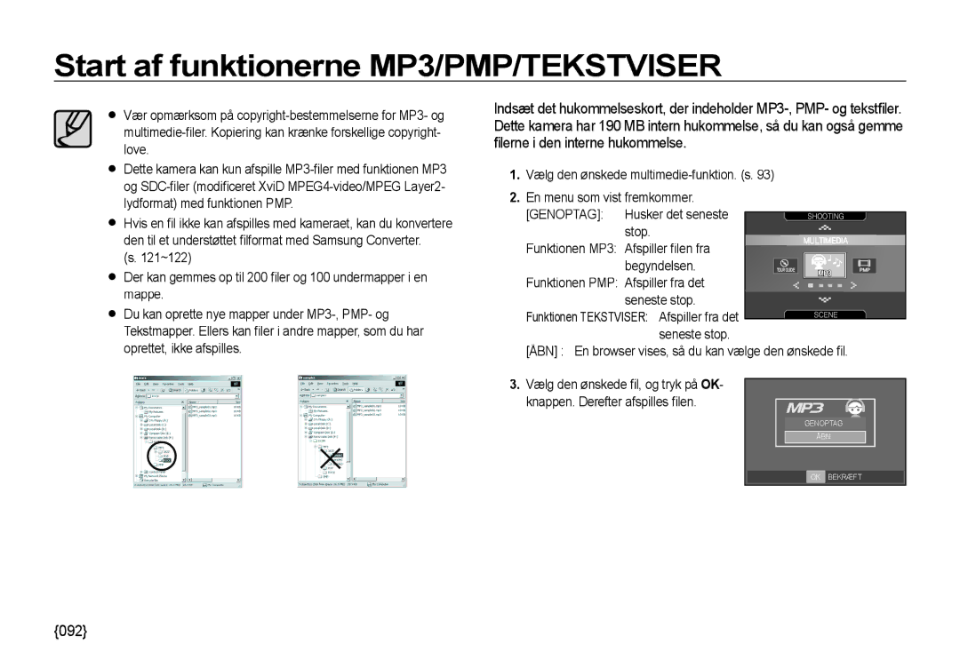 Samsung EC-I85ZZBBA/E3, EC-I85ZZRBA/E2 manual Start af funktionerne MP3/PMP/TEKSTVISER, Lerne i den interne hukommelse, 092 