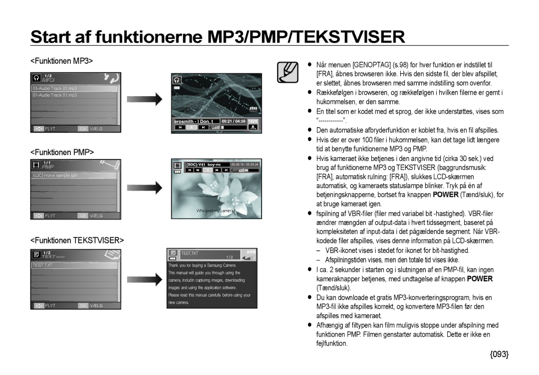 Samsung EC-I85ZZSBA/E2, EC-I85ZZRBA/E2, EC-I85ZZGBA/E2 manual Funktionen MP3, Funktionen PMP, Funktionen Tekstviser, 093 