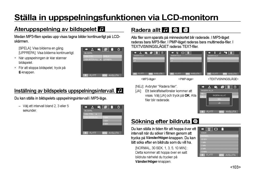 Samsung EC-I8ZZZPBA/E2 Återuppspelning av bildspelet, Radera allt, Sökning efter bildruta, 103, NEJ Avbryter Radera ﬁ ler 