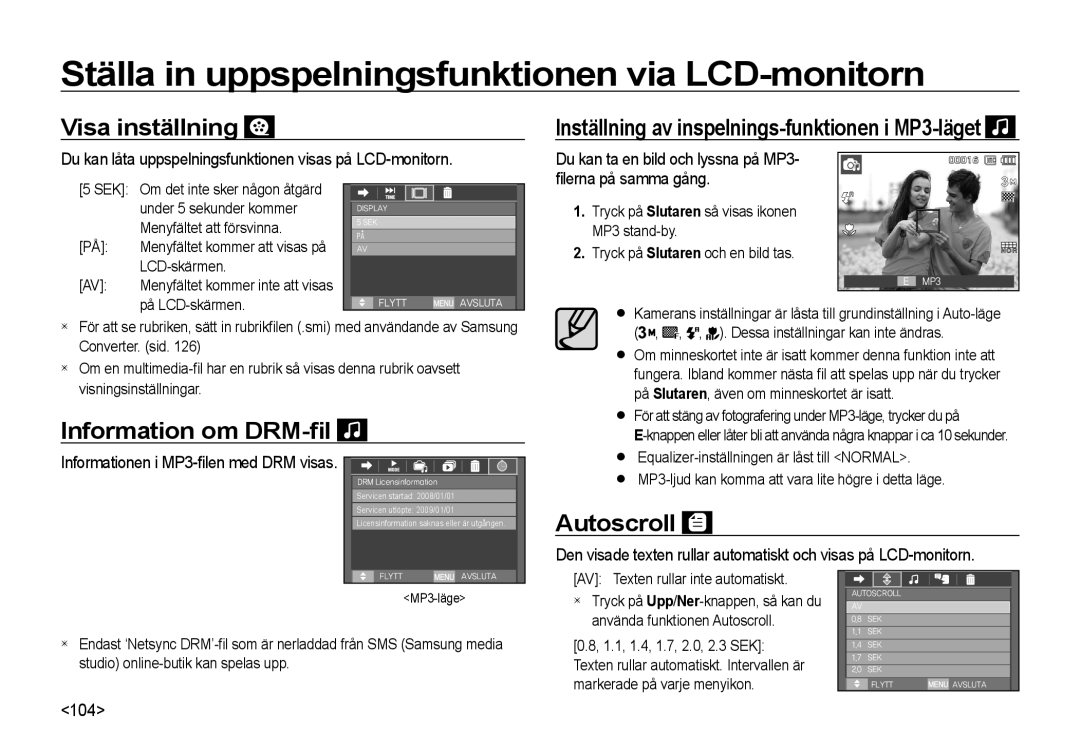 Samsung EC-I8ZZZWBA/E3, EC-I8ZZZPBA/E2, EC-I8ZZZBBA/E3, EC-I8ZZZUBA/E3 Visa inställning, Information om DRM-ﬁl, Autoscroll 