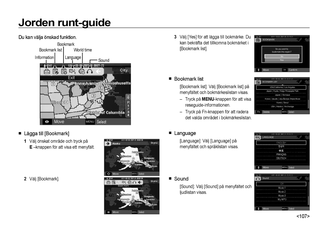 Samsung EC-I8ZZZWBA/E2 manual Du kan välja önskad funktion, Bookmark list, Lägga till Bookmark, Language, Sound, 107 