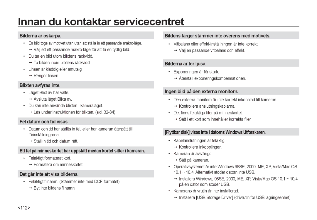 Samsung EC-I8ZZZWBA/E3, EC-I8ZZZPBA/E2, EC-I8ZZZBBA/E3, EC-I8ZZZUBA/E3, EC-I8ZZZWBA/E2 manual Bilderna är oskarpa, 112 