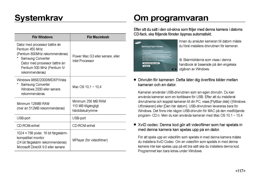 Samsung EC-I8ZZZUBA/E2, EC-I8ZZZPBA/E2, EC-I8ZZZWBA/E3 manual Systemkrav, Om programvaran, 117, För Windows För Macintosh 